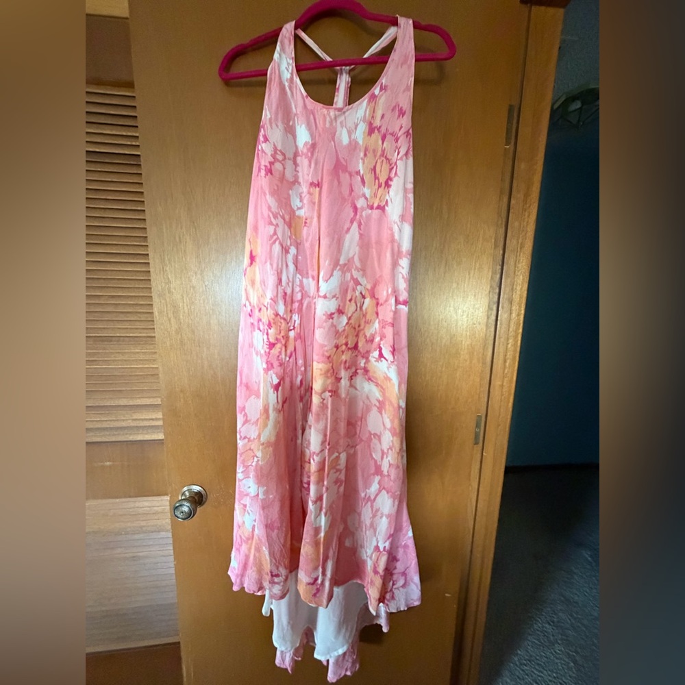 Tori Richard Pink and Coral Watercolor Maxi Dress